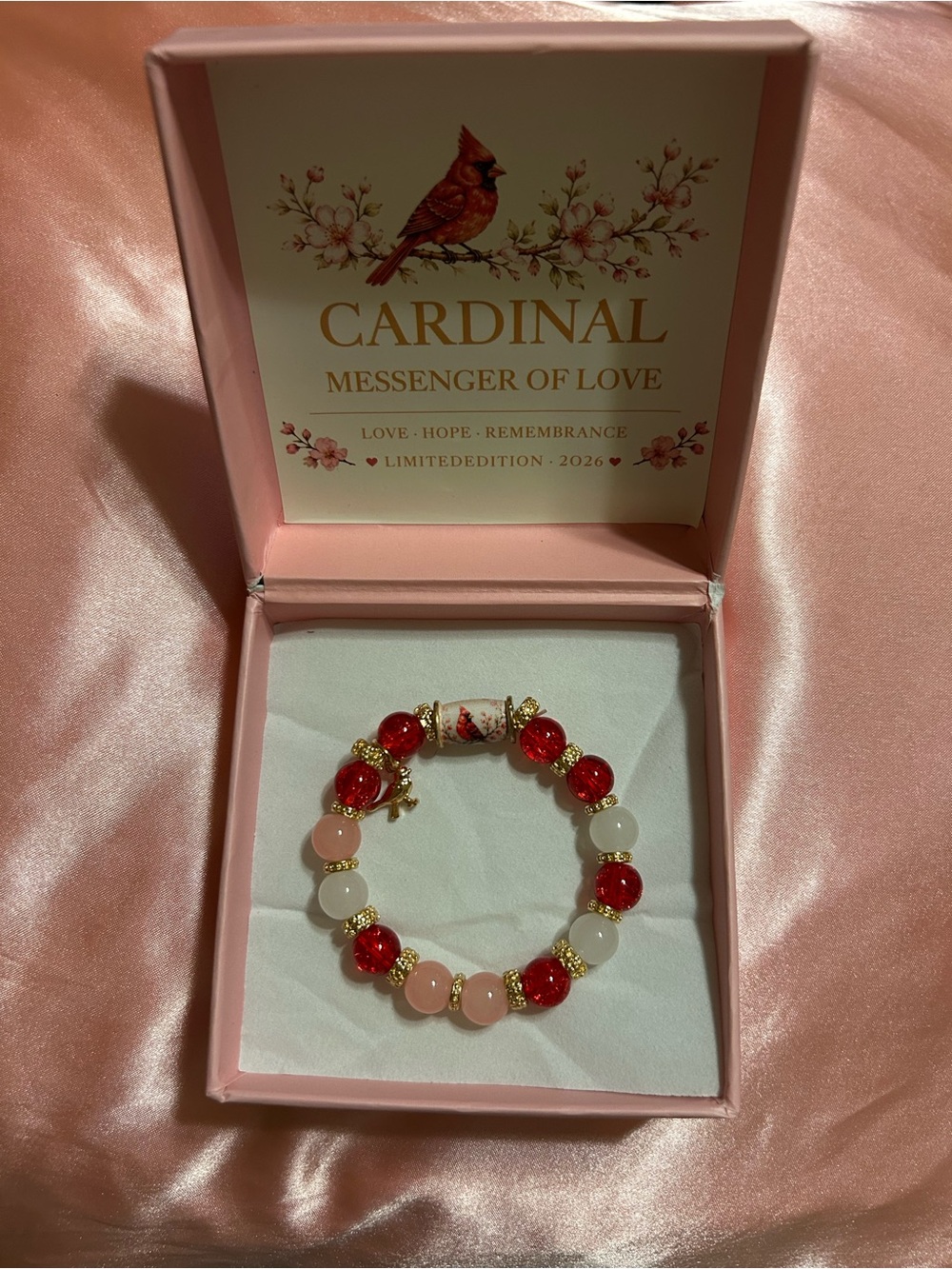 Cardinal Messenger of Love Pink & Red Beaded Bracelet